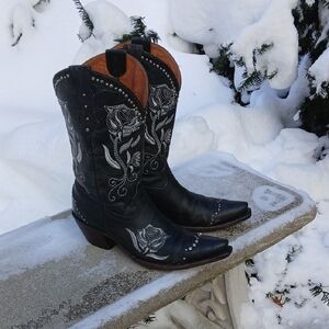 Lucchese Bella Rosa Boots Silver Embroidered Roses Sz 9.5B